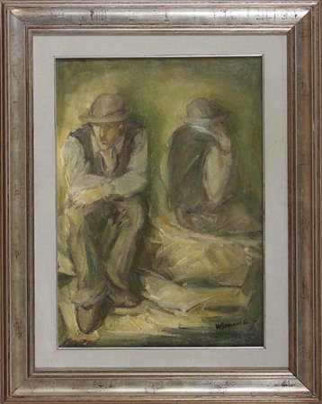 Due contadini. Olio su tela . Cm 50,00 x 70,00. Firma in basso a destra.