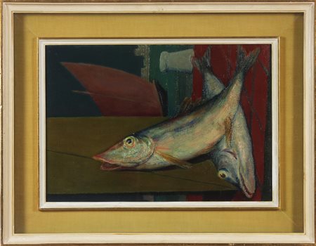 MUSITELLI GIULIO VITO (1901 - 1990) Pesci. Olio su faesite. Cm 35,00 x 50,00....