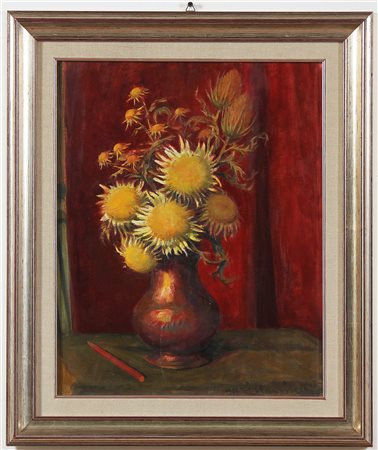 MUSITELLI GIULIO VITO (1901 - 1990) Vaso di girasoli. 1986. Olio su tela . Cm...
