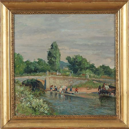 VERNI ARTURO (1891 - 1960) Lavandaie sul Chiese. Olio su tavola. Cm 31,00 x...