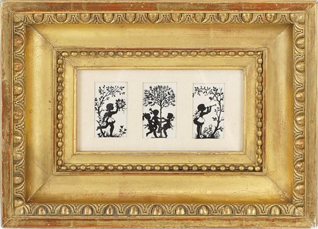 SILHOUETTE IN MONOCROMIA raffigurante giochi di bimbi, entro cornice in legno...