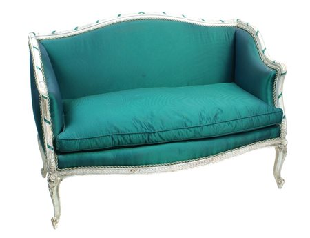 DIVANETTO IN LEGNO LACCATO Francia, XIX Sec. seduta e schienale rivestiti ed...