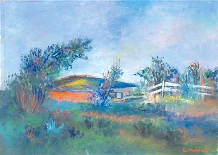 GIOVANNI OMICCIOLI Roma 1901 - 1975 "Paesaggio con casolare", olio su carta...