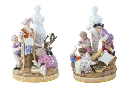 MEISSEN, COPPIA DI GRUPPI IN PORCELLANA POLICROMA XIX Sec. raffiguranti...