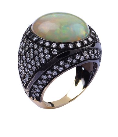ANELLO IN ORO GIALLO E BRUNITO 18KT CON OPALE ARLECCHINO taglio cabochon al...
