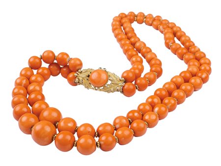 COLLANA A DUE FILI DI CORALLO CERASUOLO firmata M.Minotto, Milano, anni 50/60...