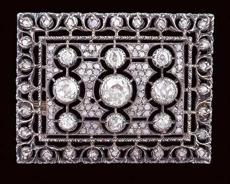 SPILLA DI FORMA RETTANGOLARE IN ARGENTO E ORO primi 900 con diamanti taglio...