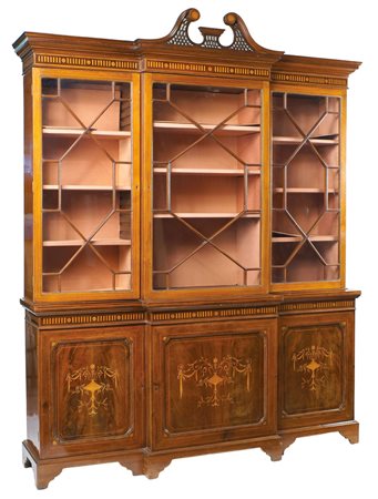 LIBRERIA IN MOGANO Inghilterra, XIX Sec. intarsiato e filettato in bosso e...