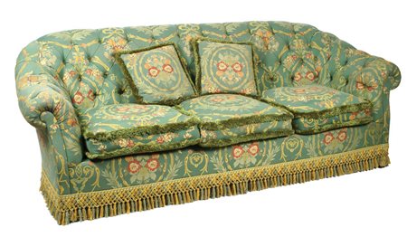 DIVANO A TRE POSTI interamente imbottito e rivestito in tessuto, difetti A...