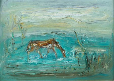 FIRMA INDECIFRABILE Italia, XX Sec. "Cavallo al fontanile", olio su cartone...