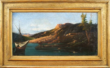 SCUOLA ITALIANA XIX Sec. "Scorcio di baia", olio su tela, siglato V.C. in...