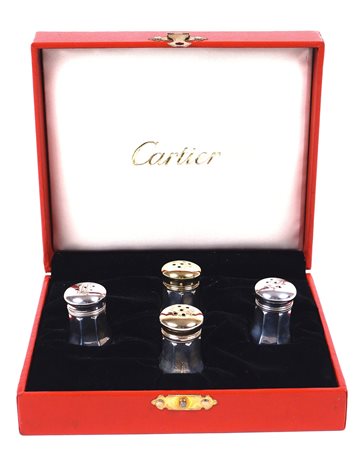 CARTIER, QUATTRO SALIERINE IN ARGENTO XX Sec. entro astuccio, h. cm. 3,5 A...