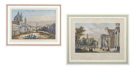 COPPIA DI STAMPE ENTRO CORNICI inizio XX Sec. raffiguranti "Piazza Navona e...