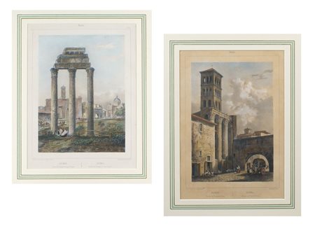 COPPIA DI STAMPE ENTRO CORNICI inizio XX Sec. raffiguranti "Il Foro di Nerva...