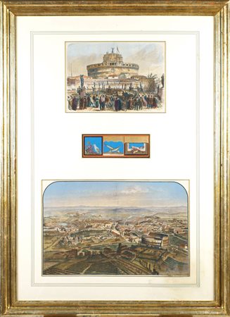 DUE STAMPE A COLORI inizio XX Sec. raffiguranti" Vedute di Roma" centrate da...