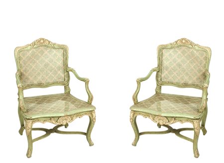 COPPIA DI POLTRONE Francia vecchia manifattura in legno laccato verde ed...