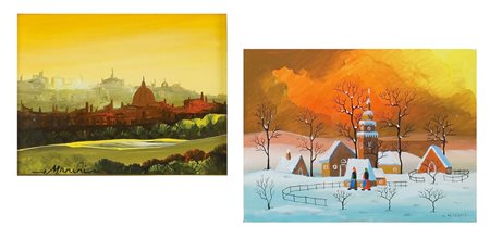 PITTORI DEL XX SEC. due dipinti ad olio su cartoncini telati, soggetti e...