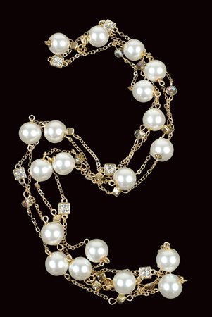 LUNGA COLLANA BIJOU IN METALLO DORATO con sfere a simulare perle e strass A...