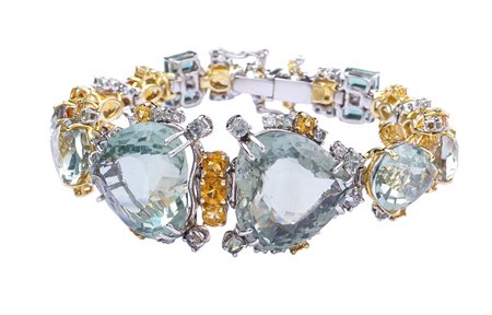 BRACCIALE IN ORO GIALLO E BIANCO 18KT con prasiolite taglio a cuore e a...
