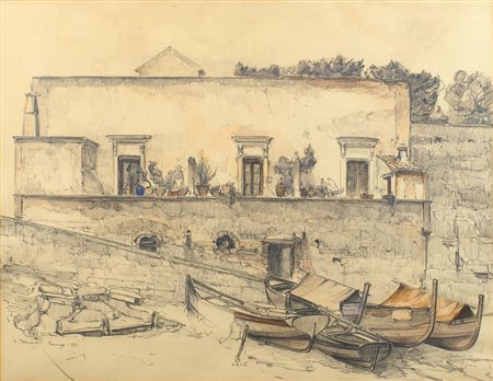 UMBERTO PRENCIPE Napoli 1879 - Roma 1962 "Formia, casa di pescatori", tecnica...