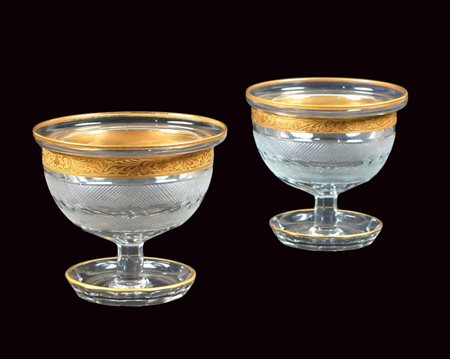 COPPIA DI COPPETTE PORTA CAVIALE XX Sec. in cristallo molato con profilo in...