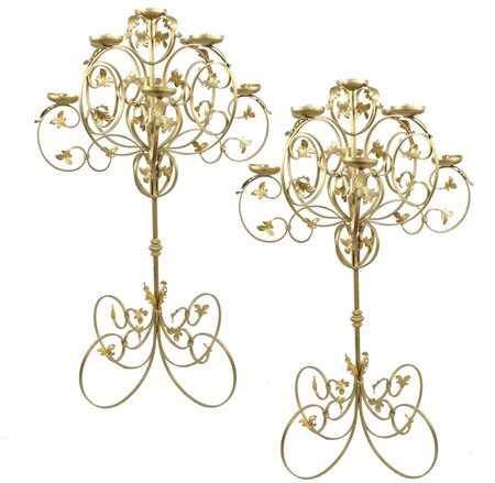 COPPIA DI GRANDI CANDELABRI IN FERRO BATTUTO A NOVE LUCI forgiato a motivi di...