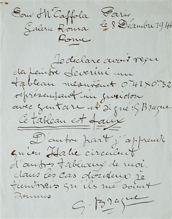 Braque, Georges Lettera autografa firmata Una pagina in 4°, 270 x 210 mm. di...