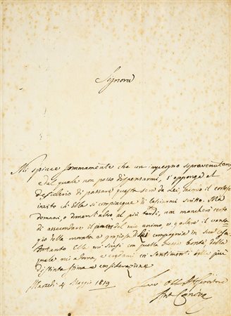 Canova, Antonio Lettera autografa firmata Una pagina in 8°, 266 x 192 mm.,...