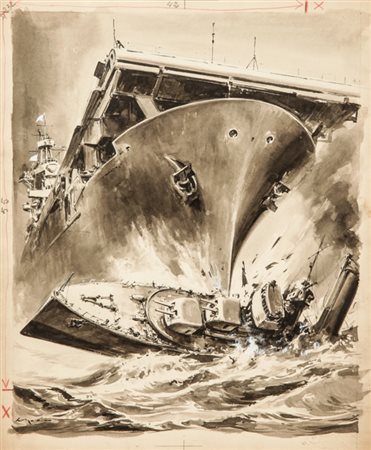 Walter Molino "La collisione della portaerei Wasp", 1952 acquerello e tempera...
