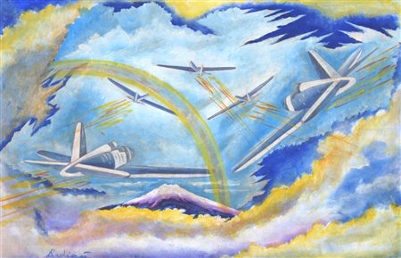 ARDIGO' PIETRO "Aerei tra le nuvole futuriste" Olio su carte povera cm. H:...