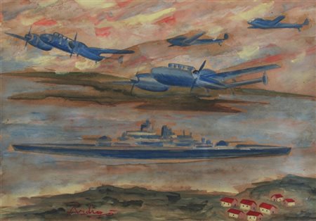 ARDIGO' PIETRO "Aerei" Olio su carta povera cm. H: 19.00 L: 29.00 Firma in...