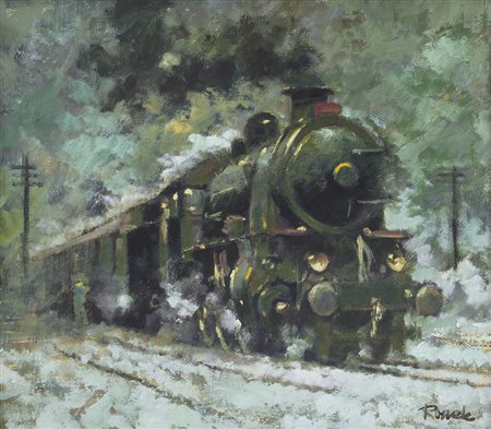 RONEK JAROSLAV Praga 1892 - 1962La locomotivaolio su cartone cm. 49x56, firma...