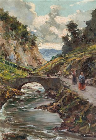 GIARDIELLO GIUSEPPE Napoli 1887 - 1920Paesaggio con figureolio su tela cm....
