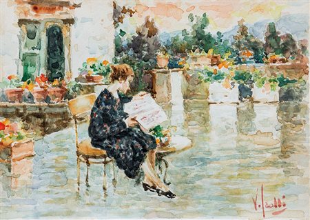 IROLLI VINCENZO Napoli 30/09/1860 - 27/11/1942Lettura in terrazzaacquerello...