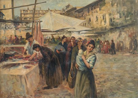 PISANI GUSTAVO Napoli 1877 - ?Mercatino a Napoliolio su tela cm. 50x70, firma...