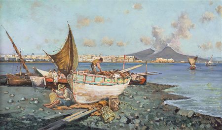 LAEZZA GIUSEPPE Napoli 1835 - Napoli 03/10/1905Marina di Napoli con pescatori...