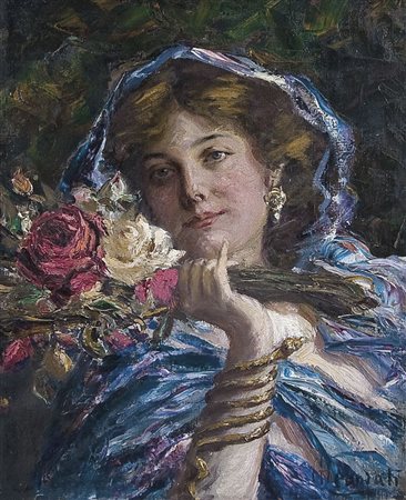 LEVORATI GUIDO Venezia 1888 - Vimercate 1960Dama con rose, (anni '20)olio su...