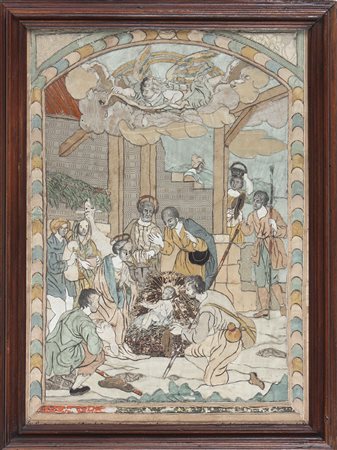 MANIFATTURA ITALIANA DEL XVIII SECOLO Adorazione dei pastori. seta e stoffa....