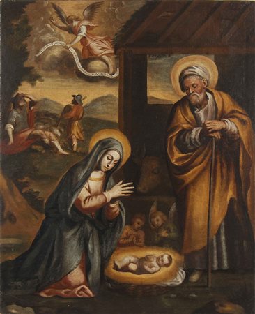 PITTORE ITALIANO DEL XVII SECOLO Natività. Olio su tela . Cm 67,00 x 96,00....