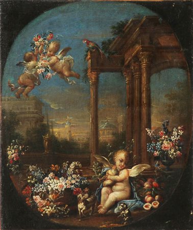 LOPEZ GASPARE (1650 - 1732) Ambiente di. Natura morta e putti in un...
