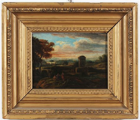 ARTISTA ROMANO DEL XVIII SECOLO Paesaggio e personaggi. Olio su tavola. Cm...