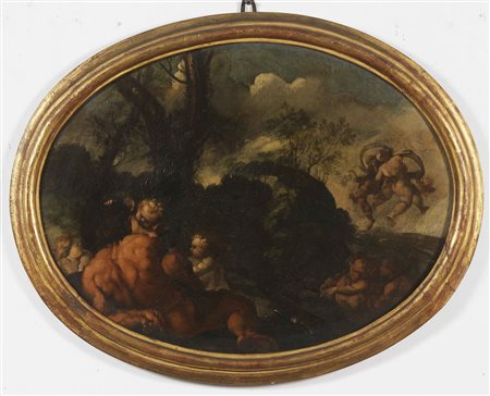 ARTISTA ROMANO DEL XVII SECOLO Personaggi in un paesaggio. Olio su tela . Cm...