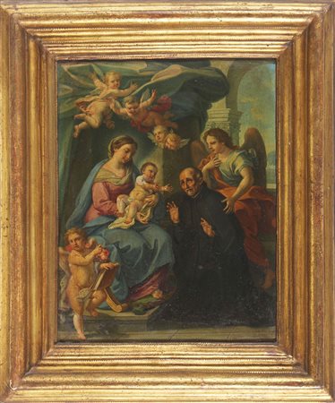 ARTISTA GENOVESE DEL XVII SECOLO Madonna con bambino e angeli. Olio su rame....