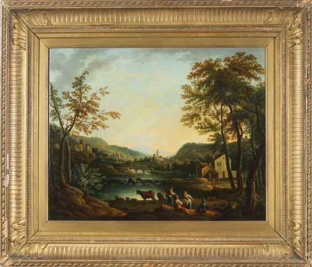 ARTISTA DELLA FINE DEL XVIII SEC. Paesaggio con personaggi. Olio su tela . Cm...