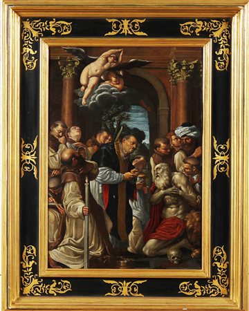 ARTISTA DEL XVII SECOLO. L'ultima comunione di San Girolamo. Olio su rame. Cm...