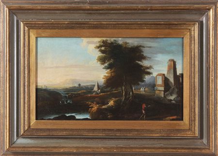 ARTISTA DEL XVIII SECOLO Paesaggio con viandanti. Olio su tela . Cm 43,00 x...