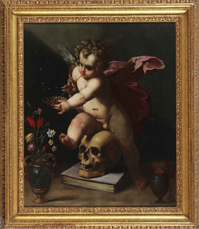 ARTISTA LOMBARDO DEL XVII SECOLO Putto con natura morta di fiori e vanitas....
