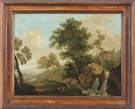 ANESI PAOLO (1697 - 1773) Paesaggio con viandanti. Olio su carta su tela. Cm...