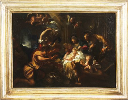 PIOLA DOMENICO (1627 - 1703) La visitazione dei pastori. Olio su tela . Cm...