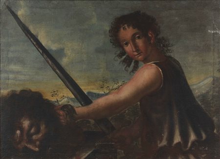 ARTISTA VENETO DEL XVI SECOLO Davide con la testa di Golia. Tempera su tela....